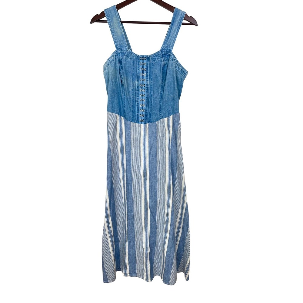 90s Vtg Womens Dress Sz S/M Linen Denim Corset Cottage Sleeveless Midi Boho Twee - Picture 1 of 11